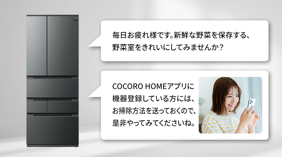 冷蔵庫が野菜室のお掃除を提案し、お掃除方法も教えてくれているイメージ