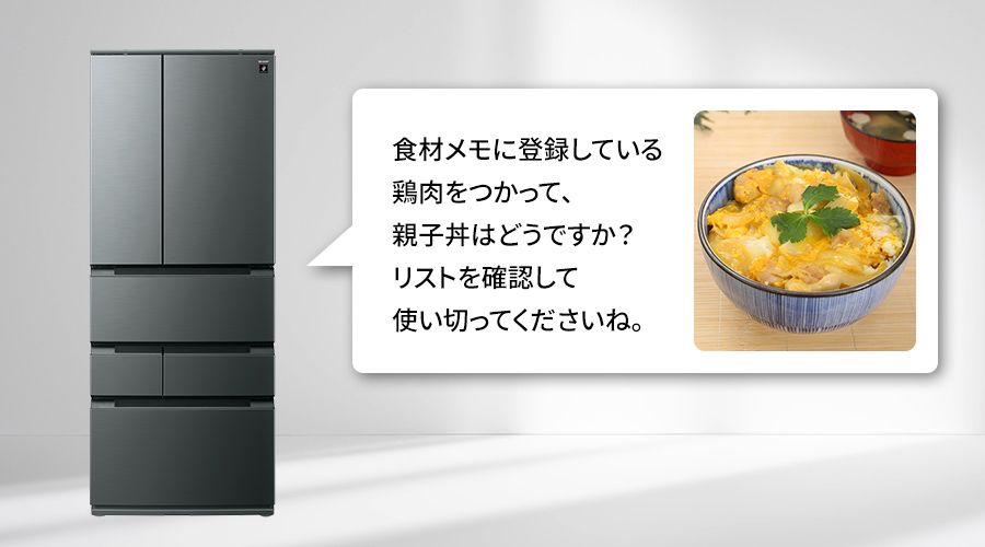 冷蔵庫が食材メモに登録している鶏肉を使った親子丼の献立を提案しているイメージ
