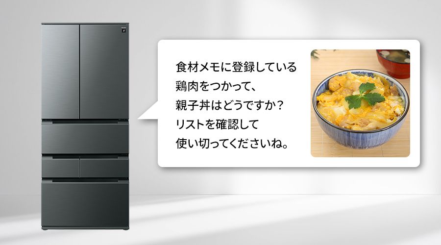 冷蔵庫が食材メモに登録している鶏肉を使った親子丼の献立を提案しているイメージ