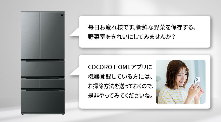 冷蔵庫が野菜室のお掃除を提案し、お掃除方法も教えてくれているイメージ