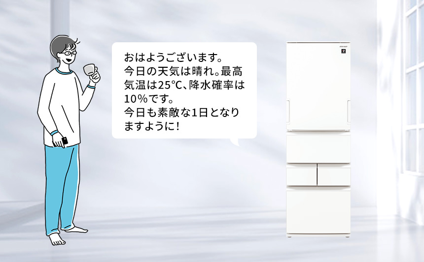 天気予報の音声例「今日の天気は晴れ。最高気温は25℃、降水確率は10%です。」