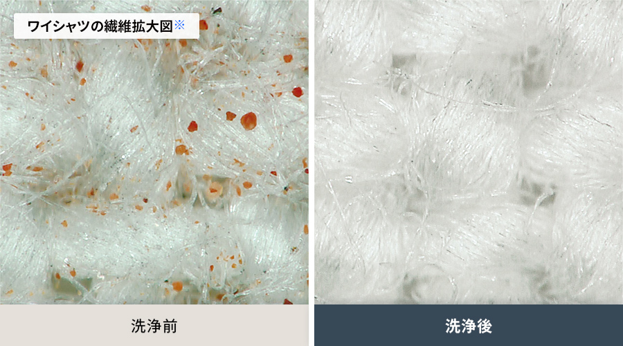 洗浄後は繊維にからんだ汚れがしっかり落ちています。