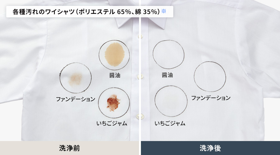 ポリエステル65パーセント、綿35パーセントのワイシャツについた醤油、ファンデーション、いちごジャムの洗浄前と洗浄後の比較。洗浄後は3つ汚れがしっかり落ちています。