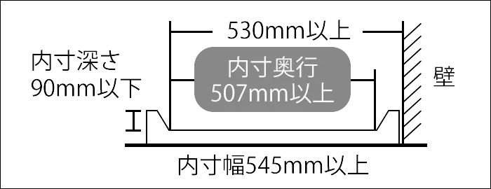 奥行は530ミリメートル以上で内寸が507ミリメートル以上。内寸深さは90ミリメートル以下。内寸幅が545ミリメートル以上。