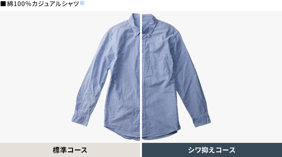 綿100%カジュアルシャツの洗浄、標準コース、シワ抑えコースの比較画像