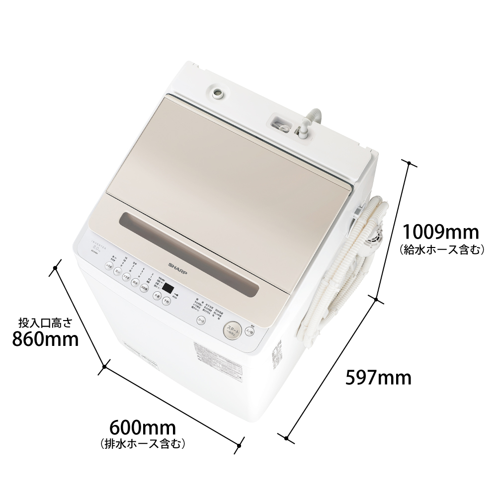 外形寸法。幅600mm（排水ホース含む）×高さ1009mm（給水ホース含む）／投入口高さ860mm×奥行597mm