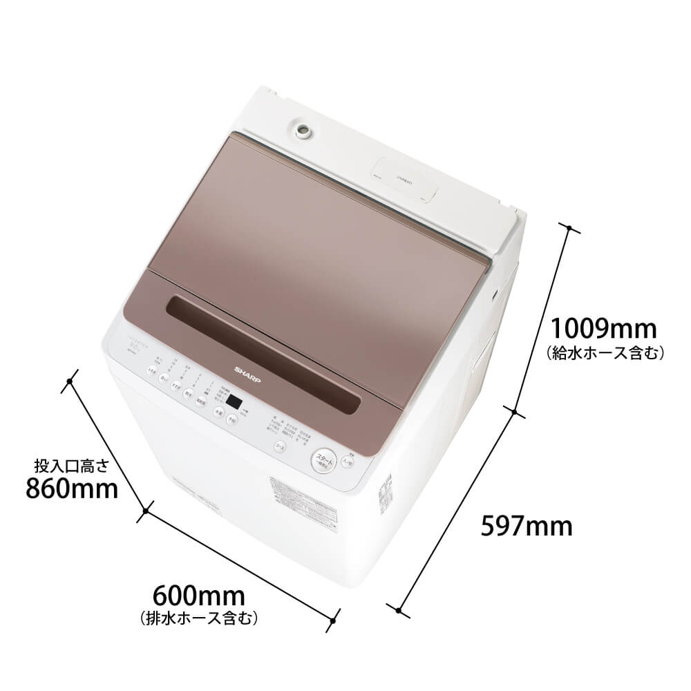 外形寸法。幅600mm（排水ホース含む）×高さ1009mm（給水ホース含む）／投入口高さ860mm×奥行597mm