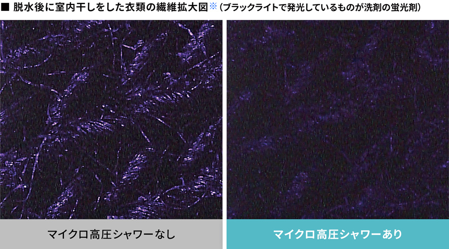 脱水時に室内干しをした衣類をブラックライトに当てている画像