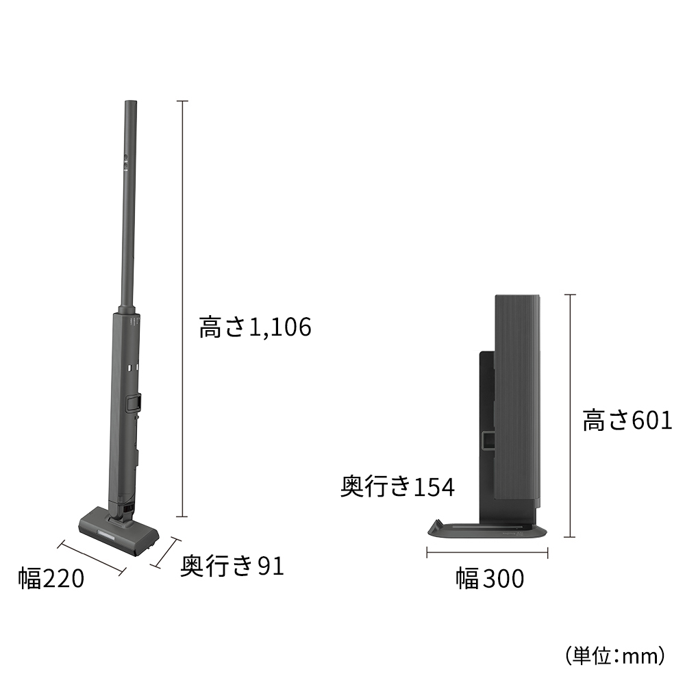 掃除機:EC-CR1:外形寸法、幅220mm×奥行91mm×高さ1,106mm（スティック）、幅300mm×奥行154mm×高さ601mm（ステーション）