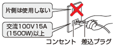 片側は使用しない／交流100V 15A（1500W）以上