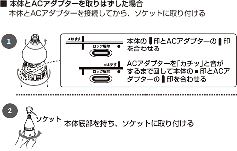 本体とACアダプターを取りはずした場合　本体とACアダプターを接続してから、ソケットに取り付ける　１：本体の縦線印とACアダプターの縦線印を合わせる。ACアダプターを「カチッ」と音がするまで回して本体の丸印とACアダプターの縦線印を合わせる　２：本体底部を持ち、ソケットに取り付ける