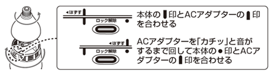 本体の縦線印とACアダプターの縦線印を合わせる。ACアダプターを「カチッ」と音がするまで回して本体の点印とACアダプターの縦線印を合わせる