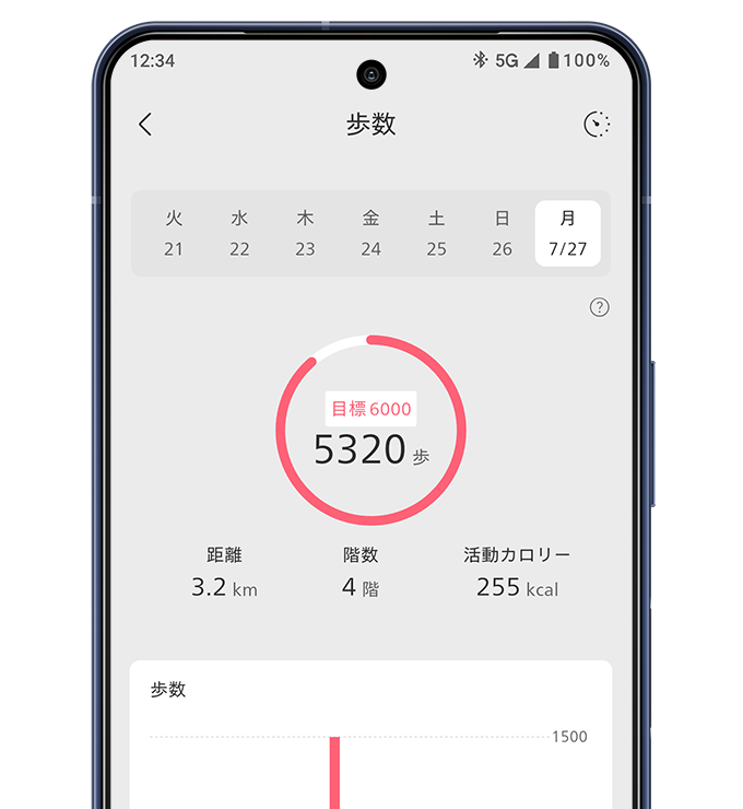 運動記録（歩数・活動カロリー）を表示したアプリ画面